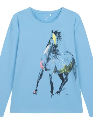 T-shirt z długim rękawem dla dziewczynki, z koniem, błękitny 9-13 lat Endo