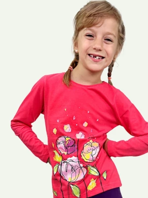 T-shirt z długim rękawem dla dziewczynki, z kwiatami, ciemnoróżowy 3-8 lat Endo