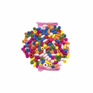 Teddies Koraliki drewniane kolorowe z gumkami, ok. 900 szt., w plastikowym pojemniku 9 x 13,5 cm