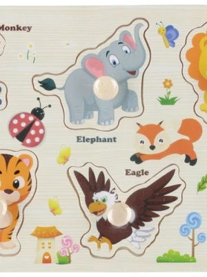 UKŁADANKA DREWNIANA Z UCHWYTAMI ZOO SAFARI owoce zwierzęta pojazdy