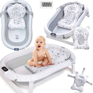 WANIENKA SKŁADANA DLA DZIECKA DUŻA WANNA SILIKONOWA TERMOMETR LCD PODUSZKA