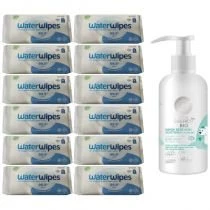 Waterwipes Chusteczki nawilżane nasączane czystą wodą Biodegradowalne + Little Siberica Organiczne mydło dla dzieci 0+ Zestaw 12 x 60 szt. + 250 ml