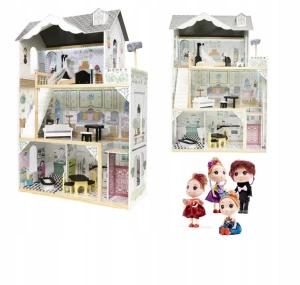 ﻿Wielki drewniany Domek dla lalek + 4 Lalki mebelki 122cm Oświetlenie LED