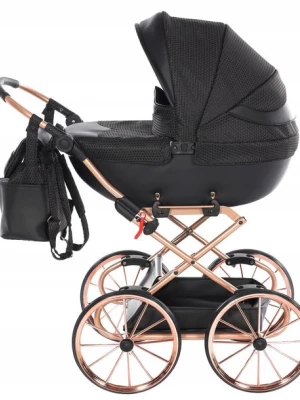 WYSOKI wózek dla lalek jak prawdziwy czarny DOLCE Mini 11 rama rose gold