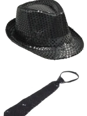 ZESTAW CZARNY KAPELUSZ CEKINOWY FEDORA KRAWAT BLACK CEKIN DISCO ZESTAW CZARNY KAPELUSZ CEKINOWY FEDORA KRAWAT BLACK CEKIN DISCO