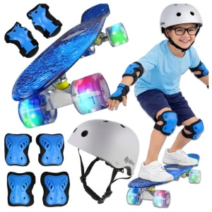 Zestaw deskorolka fiszka LED 56 cm dla dzieci + kask 54-58 + ochraniacze