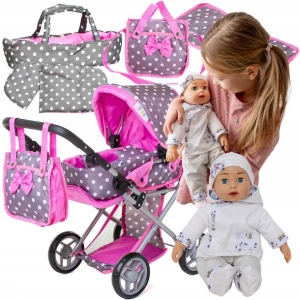 ﻿Zestaw dla lalek WÓZEK 3w1 głęboki spacerowy + LALKA BOBAS dźwięki + TORBA