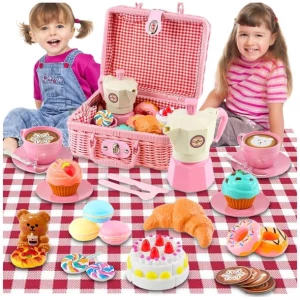 ZESTAW PIKNIKOWY KOSZ DLA DZIECI PLASTIKOWE AKCESORIA KUCHENNE Z JEDZENIEM