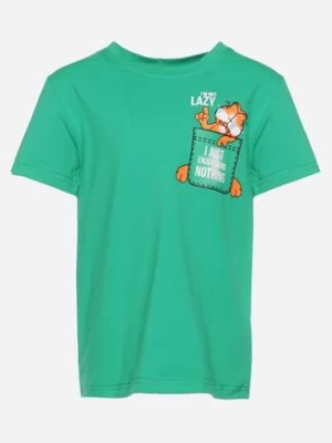 Zielona Koszulka T-shirt z Nadrukiem Śmiesznego Kota Ellari